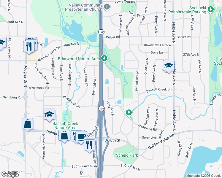 map of restaurants, bars, coffee shops, grocery stores, and more near 2431 Unity Avenue North in Minneapolis