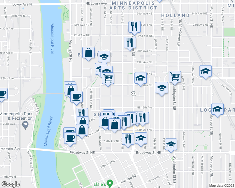 map of restaurants, bars, coffee shops, grocery stores, and more near 219 16th Avenue Northeast in Minneapolis