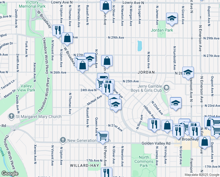 map of restaurants, bars, coffee shops, grocery stores, and more near 2107 North Willow Avenue in Minneapolis