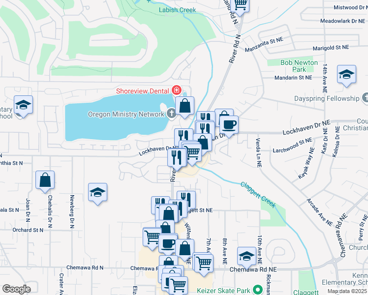 map of restaurants, bars, coffee shops, grocery stores, and more near River Rd N & Lockhaven Dr N in Keizer