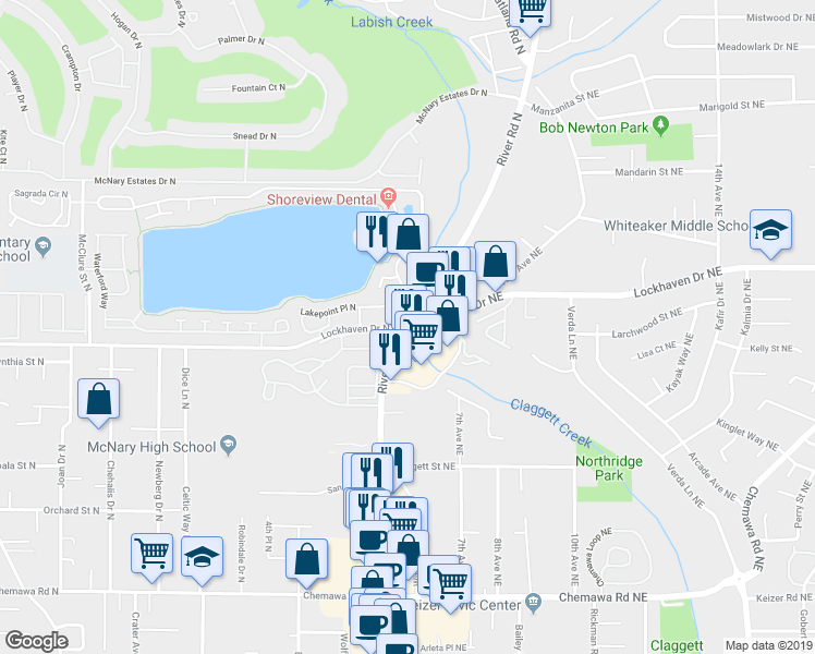 map of restaurants, bars, coffee shops, grocery stores, and more near 600 Lockhaven Drive Northeast in Keizer