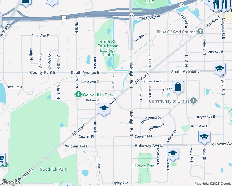 map of restaurants, bars, coffee shops, grocery stores, and more near 2200 Eldridge Avenue East in North Saint Paul
