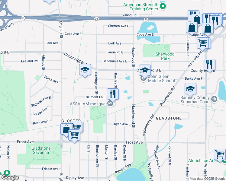map of restaurants, bars, coffee shops, grocery stores, and more near 1460 Eldridge Avenue East in Maplewood
