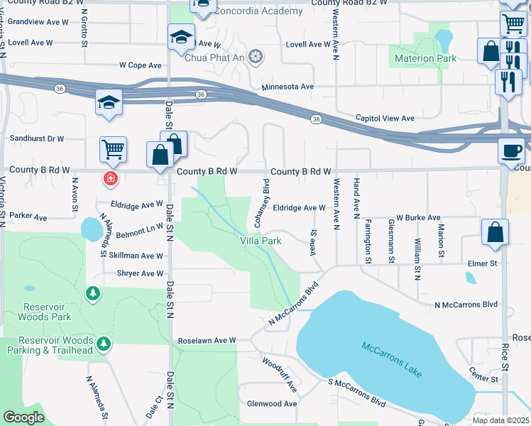 map of restaurants, bars, coffee shops, grocery stores, and more near 476 Eldridge Avenue West in Roseville