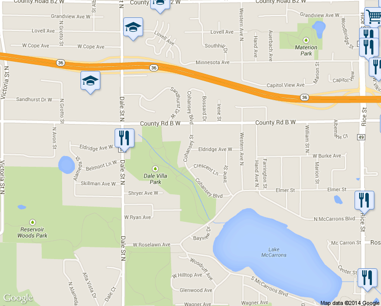 map of restaurants, bars, coffee shops, grocery stores, and more near 476 Eldridge Avenue West in Roseville