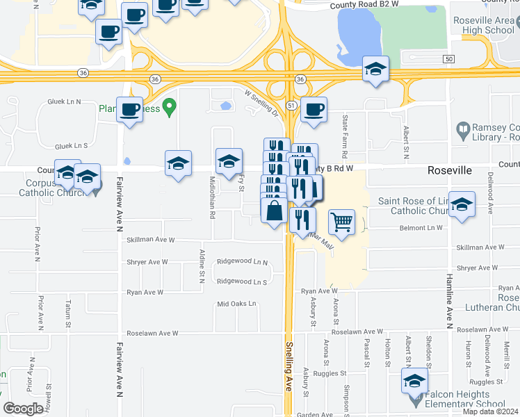 map of restaurants, bars, coffee shops, grocery stores, and more near 1614 Eldridge Avenue West in Roseville