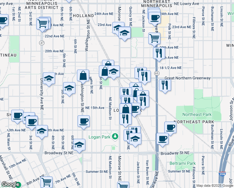 map of restaurants, bars, coffee shops, grocery stores, and more near 1611 Northeast Madison Street in Minneapolis