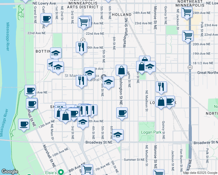 map of restaurants, bars, coffee shops, grocery stores, and more near in Minneapolis