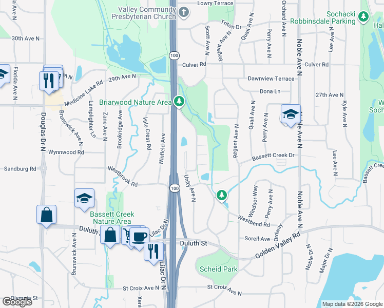 map of restaurants, bars, coffee shops, grocery stores, and more near 2431 Unity Avenue North in Minneapolis