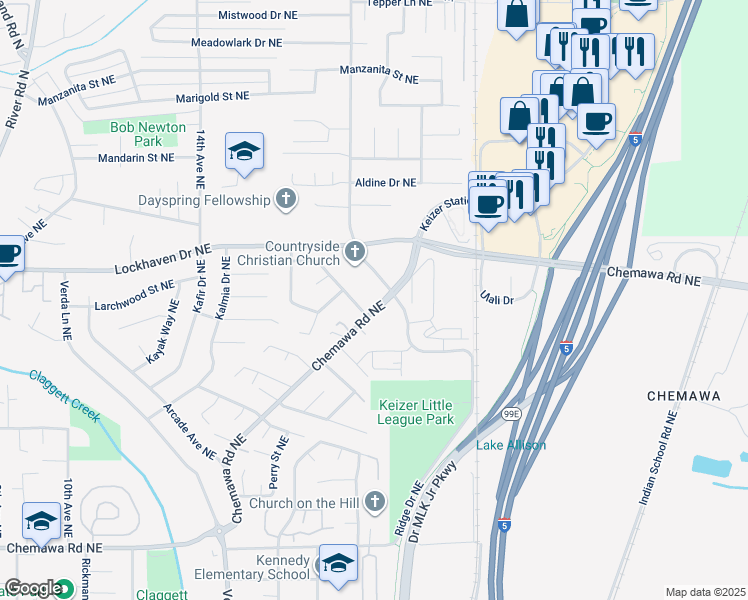 map of restaurants, bars, coffee shops, grocery stores, and more near 2045 Chemawa Road Northeast in Keizer