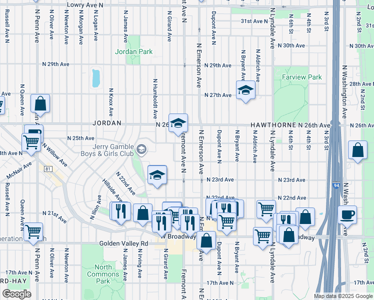 map of restaurants, bars, coffee shops, grocery stores, and more near 2418 North Fremont Avenue in Minneapolis