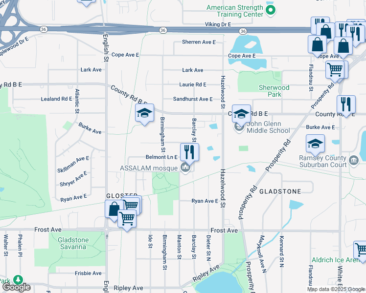 map of restaurants, bars, coffee shops, grocery stores, and more near 1460 Eldridge Avenue East in Maplewood