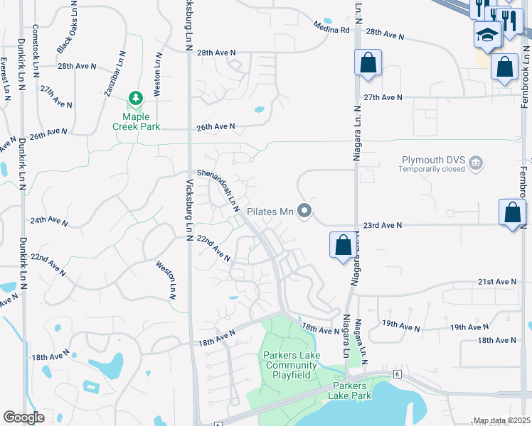 map of restaurants, bars, coffee shops, grocery stores, and more near 2270 Ranchview Lane North in Plymouth
