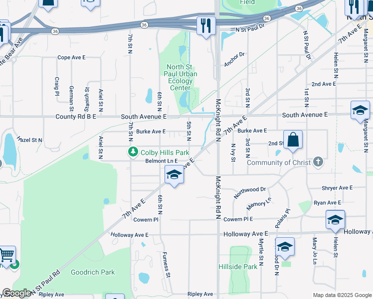 map of restaurants, bars, coffee shops, grocery stores, and more near 2200 Eldridge Avenue East in North Saint Paul
