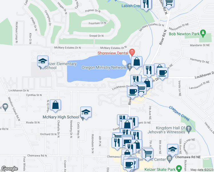 map of restaurants, bars, coffee shops, grocery stores, and more near 442 Lakefair Circle North in Keizer