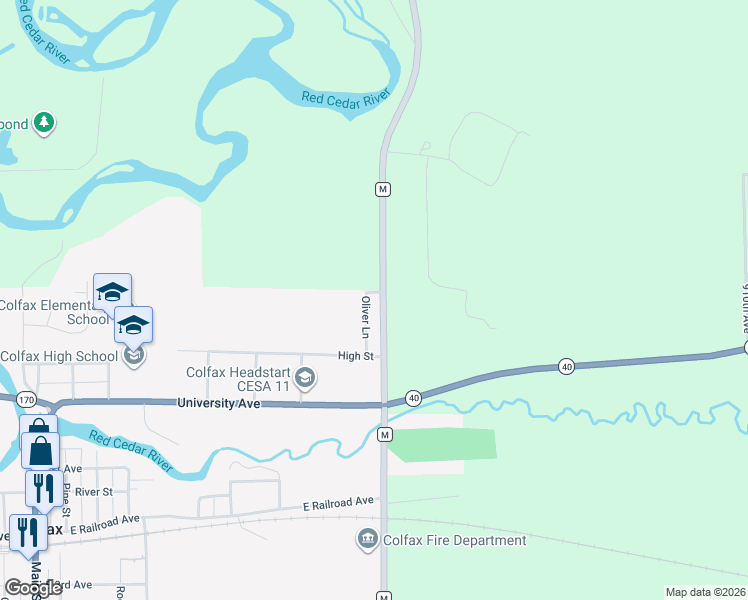 map of restaurants, bars, coffee shops, grocery stores, and more near 816 Oliver Lane in Colfax