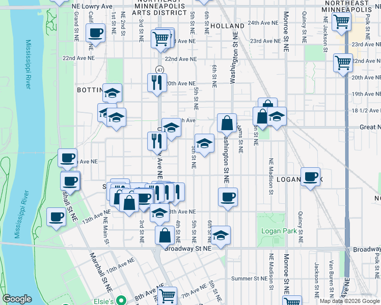 map of restaurants, bars, coffee shops, grocery stores, and more near 1606 5th Street Northeast in Minneapolis