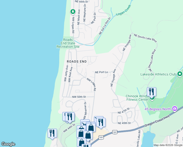 map of restaurants, bars, coffee shops, grocery stores, and more near 5311 Northeast Port Place in Lincoln City
