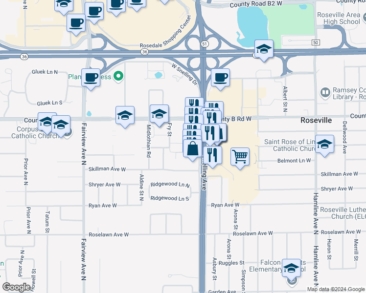 map of restaurants, bars, coffee shops, grocery stores, and more near 1614 Eldridge Avenue West in Roseville
