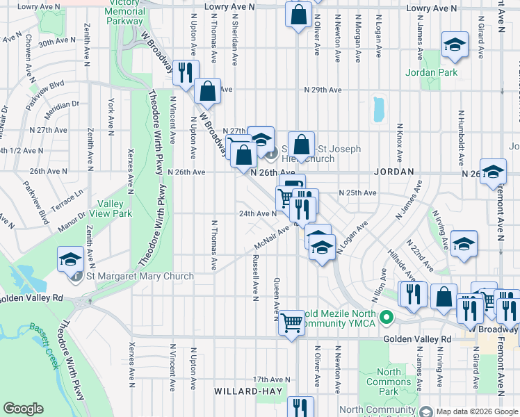 map of restaurants, bars, coffee shops, grocery stores, and more near 2322 24th Ave N in Minneapolis