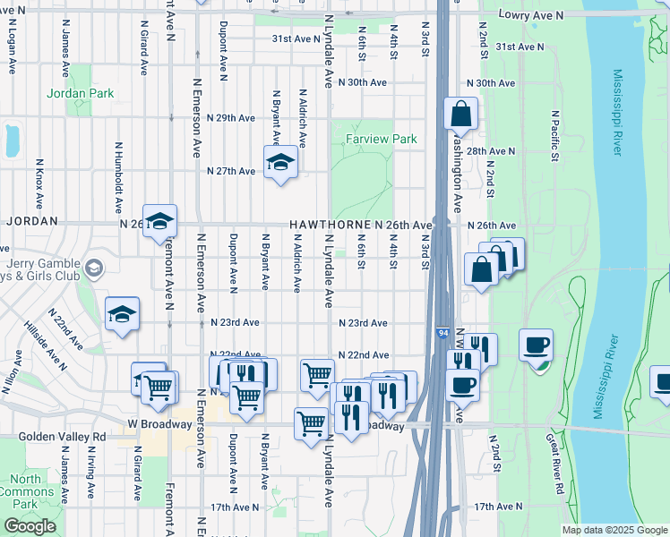 map of restaurants, bars, coffee shops, grocery stores, and more near 2422 North Lyndale Avenue in Minneapolis