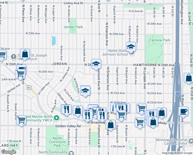 map of restaurants, bars, coffee shops, grocery stores, and more near 2418 North Fremont Avenue in Minneapolis