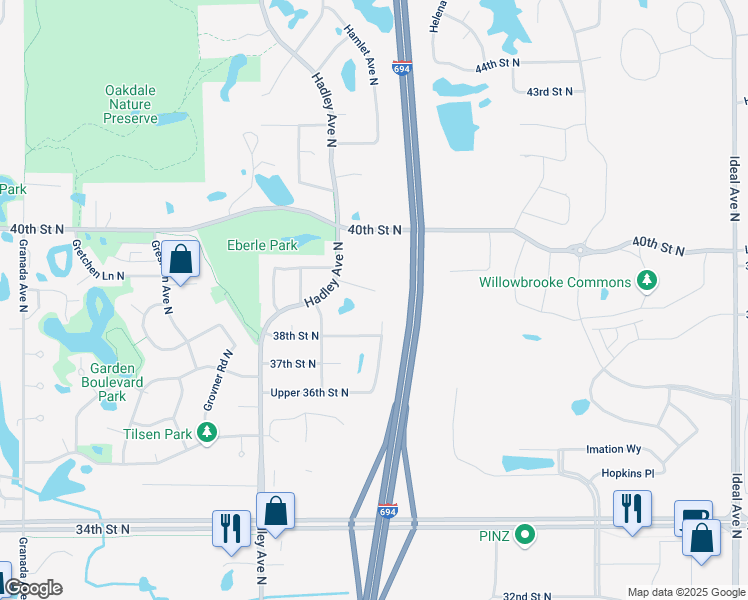 map of restaurants, bars, coffee shops, grocery stores, and more near 7229 39th Street North in Oakdale