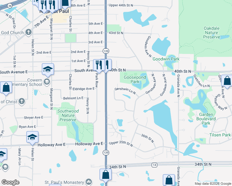 map of restaurants, bars, coffee shops, grocery stores, and more near 3687 Gershwin Lane North in Saint Paul
