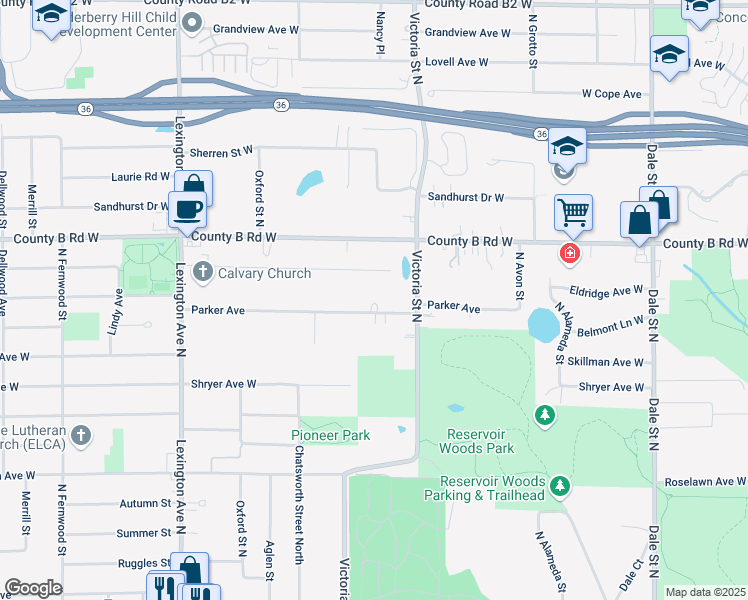 map of restaurants, bars, coffee shops, grocery stores, and more near 905 Parker Avenue in Roseville