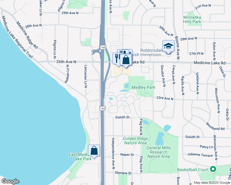 map of restaurants, bars, coffee shops, grocery stores, and more near 2304 English Circle in Minneapolis