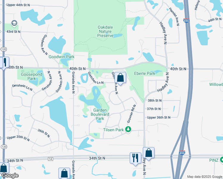 map of restaurants, bars, coffee shops, grocery stores, and more near 3871 Gresham Circle North in Oakdale