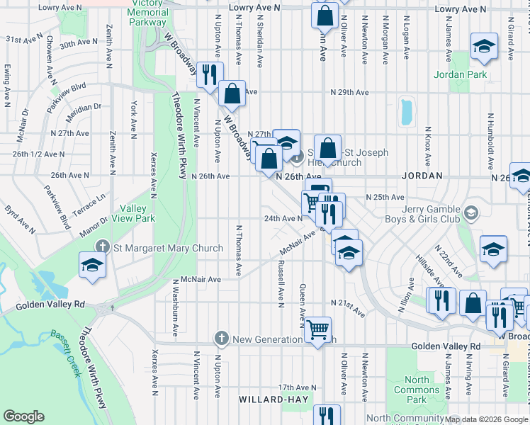 map of restaurants, bars, coffee shops, grocery stores, and more near 2404 North Sheridan Avenue in Minneapolis