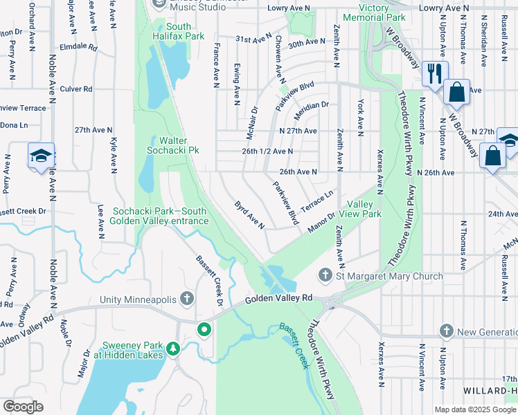 map of restaurants, bars, coffee shops, grocery stores, and more near 2426 McNair Drive in Golden Valley