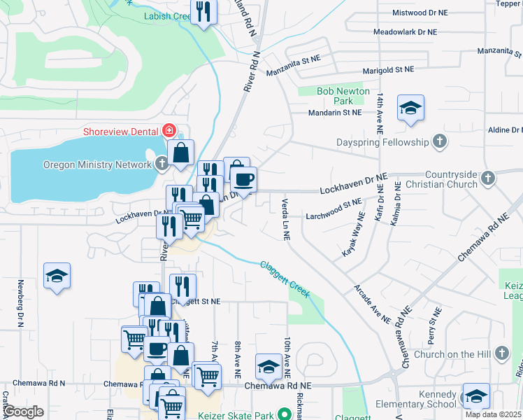 map of restaurants, bars, coffee shops, grocery stores, and more near 824 Lockhaven Drive Northeast in Keizer