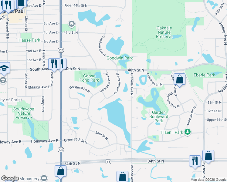 map of restaurants, bars, coffee shops, grocery stores, and more near 3822 Goodwin Avenue North in Saint Paul