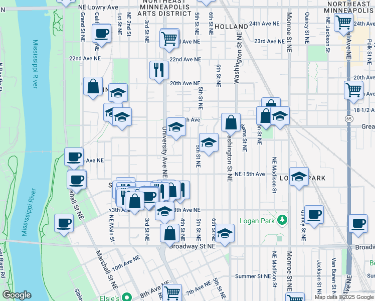 map of restaurants, bars, coffee shops, grocery stores, and more near 1609 4th Street Northeast in Minneapolis