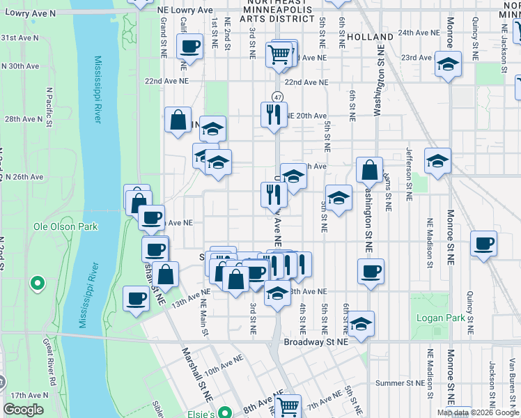 map of restaurants, bars, coffee shops, grocery stores, and more near 1609 3rd Street Northeast in Minneapolis