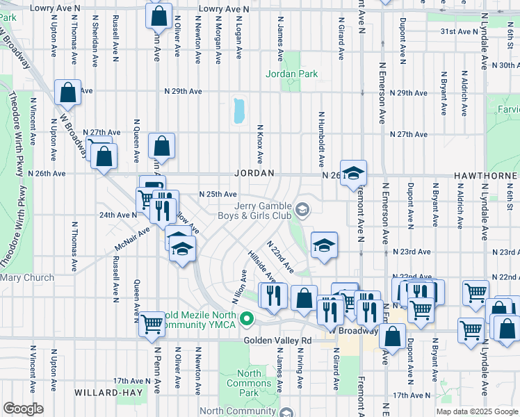 map of restaurants, bars, coffee shops, grocery stores, and more near 2418 North James Avenue in Minneapolis