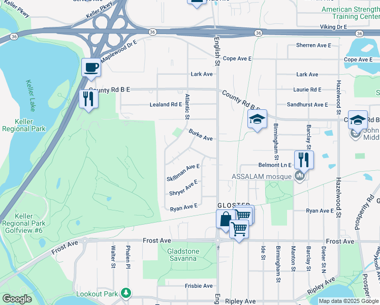 map of restaurants, bars, coffee shops, grocery stores, and more near 1240 Belmont Lane East in Maplewood
