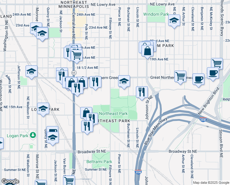 map of restaurants, bars, coffee shops, grocery stores, and more near 1601 Fillmore Street Northeast in Minneapolis