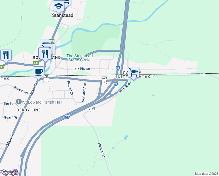 map of restaurants, bars, coffee shops, grocery stores, and more near 107 Interstate 91 in Derby