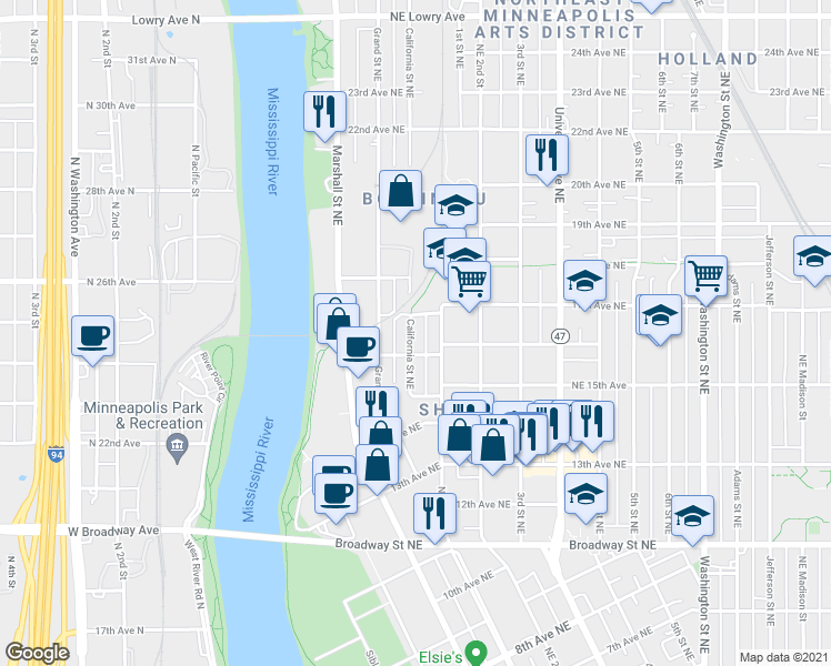 map of restaurants, bars, coffee shops, grocery stores, and more near 1613 California Street Northeast in Minneapolis
