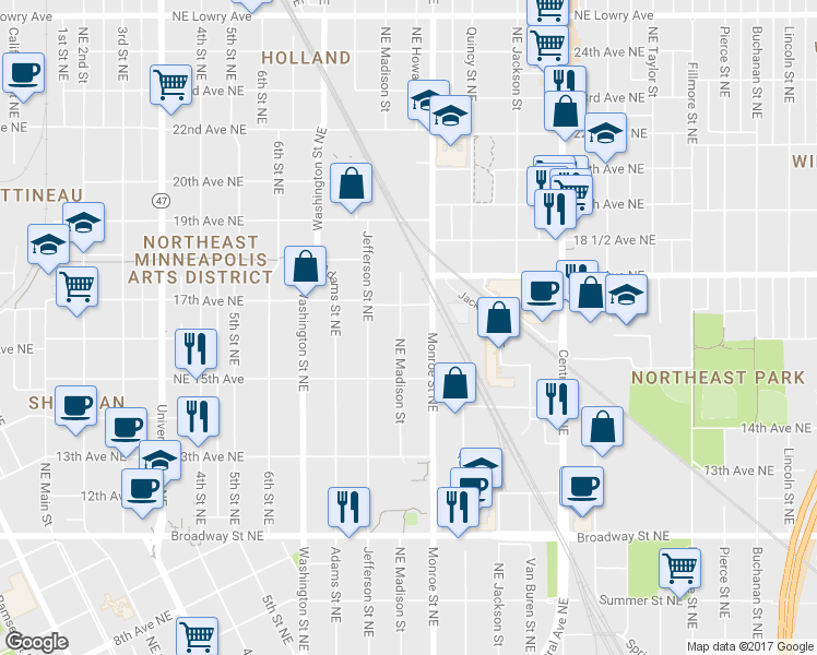map of restaurants, bars, coffee shops, grocery stores, and more near 1611 Northeast Madison Street in Minneapolis