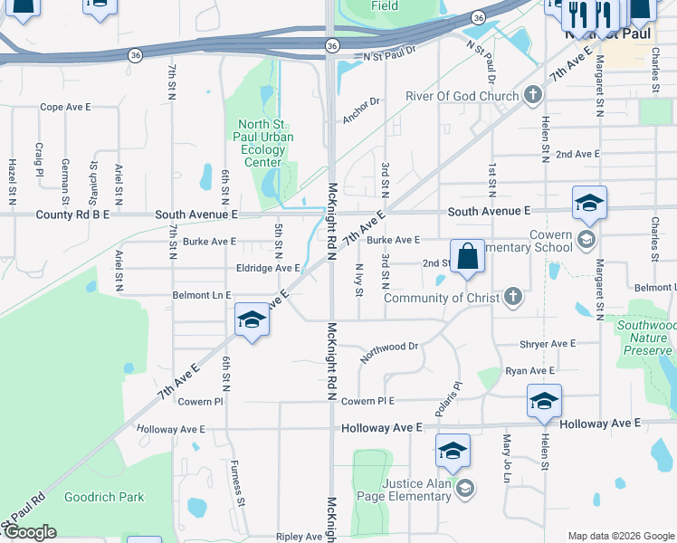 map of restaurants, bars, coffee shops, grocery stores, and more near 2096 McKnight Road North in North Saint Paul