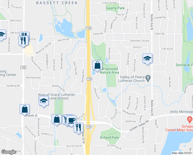 map of restaurants, bars, coffee shops, grocery stores, and more near 2431 Unity Avenue North in Minneapolis