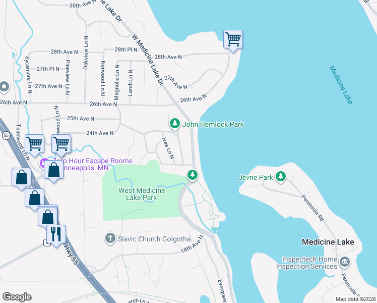 map of restaurants, bars, coffee shops, grocery stores, and more near 2325 West Medicine Lake Drive in Minneapolis
