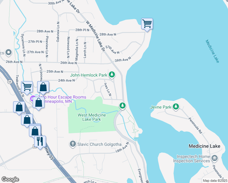 map of restaurants, bars, coffee shops, grocery stores, and more near 2333 Hemlock Lane North in Plymouth