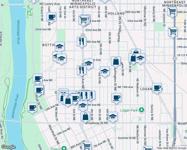 map of restaurants, bars, coffee shops, grocery stores, and more near 1609 4th Street Northeast in Minneapolis