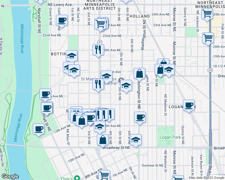map of restaurants, bars, coffee shops, grocery stores, and more near 1609 4th Street Northeast in Minneapolis