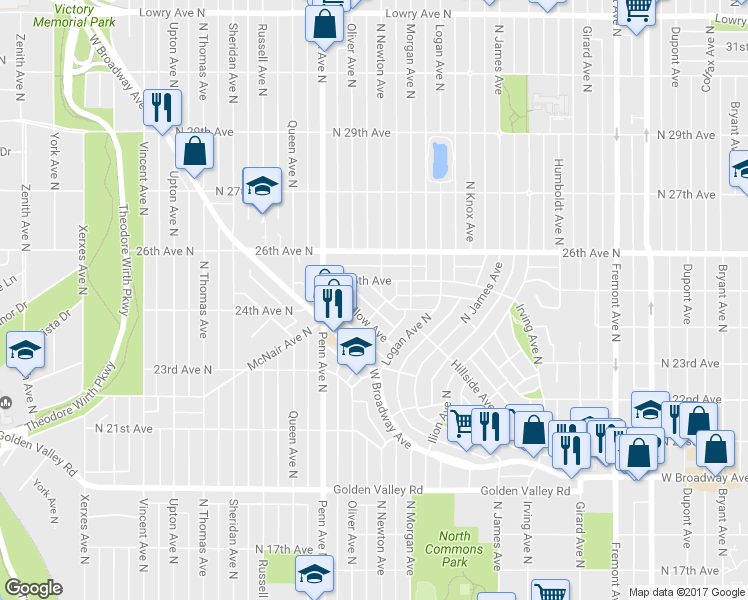 map of restaurants, bars, coffee shops, grocery stores, and more near 2005 Hillside Avenue North in Minneapolis